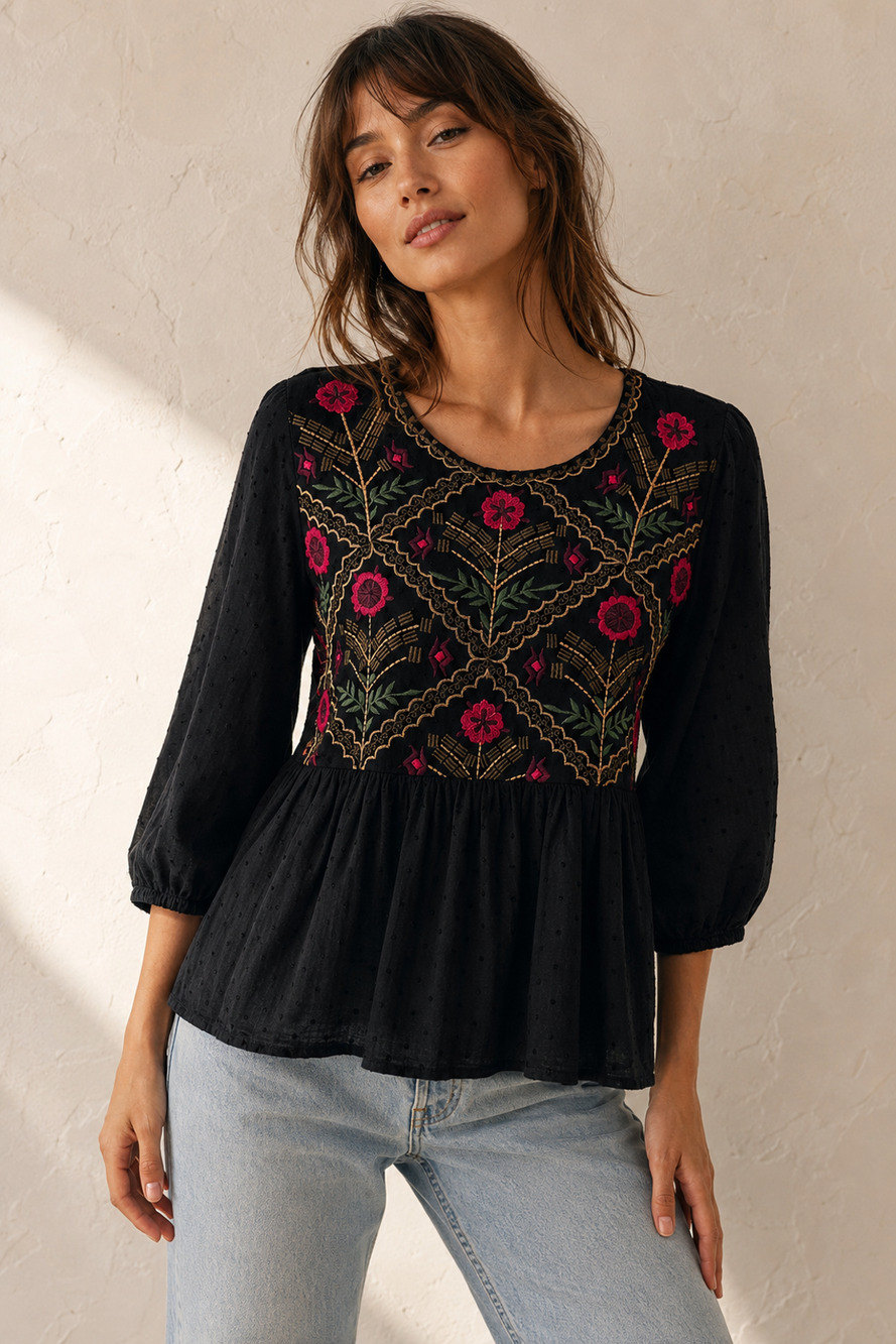 Womens Black Embroidered Peasant Boho Blouse Small Cotton Peplum Dark Cottage